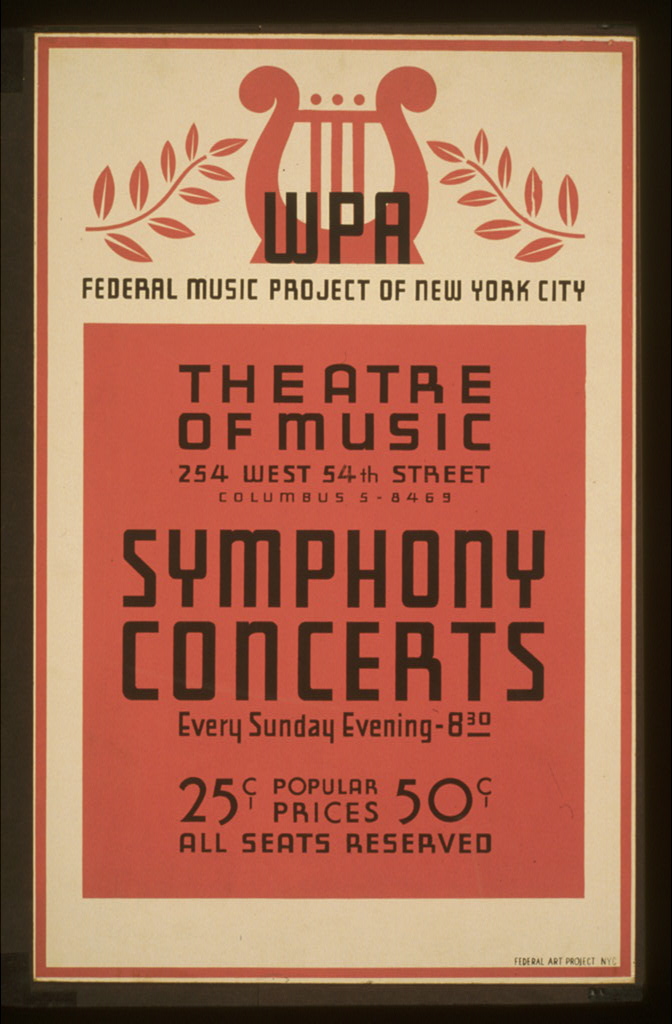 A red and beige poster with stylized text and graphical representation of a harp. Main text includes: ‘WPA Federal Music Project of New York City Symphony Concerts’